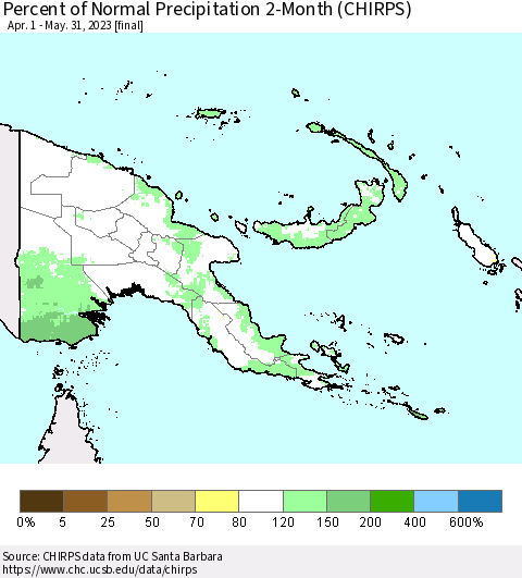 Papua New Guinea Percent of Normal Precipitation 2-Month (CHIRPS) Thematic Map For 4/1/2023 - 5/31/2023