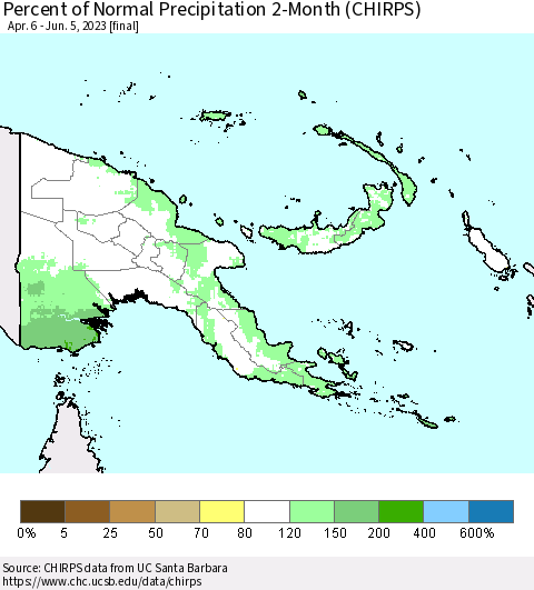Papua New Guinea Percent of Normal Precipitation 2-Month (CHIRPS) Thematic Map For 4/6/2023 - 6/5/2023