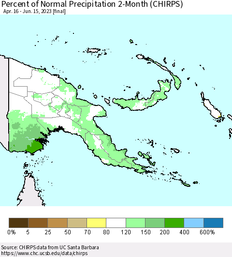 Papua New Guinea Percent of Normal Precipitation 2-Month (CHIRPS) Thematic Map For 4/16/2023 - 6/15/2023