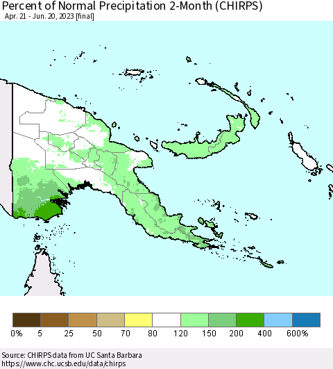 Papua New Guinea Percent of Normal Precipitation 2-Month (CHIRPS) Thematic Map For 4/21/2023 - 6/20/2023