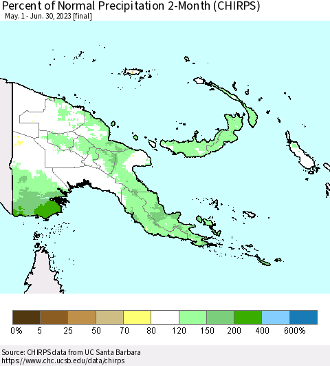 Papua New Guinea Percent of Normal Precipitation 2-Month (CHIRPS) Thematic Map For 5/1/2023 - 6/30/2023