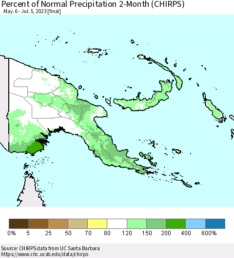 Papua New Guinea Percent of Normal Precipitation 2-Month (CHIRPS) Thematic Map For 5/6/2023 - 7/5/2023