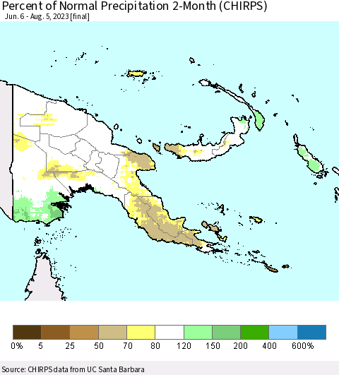 Papua New Guinea Percent of Normal Precipitation 2-Month (CHIRPS) Thematic Map For 6/6/2023 - 8/5/2023