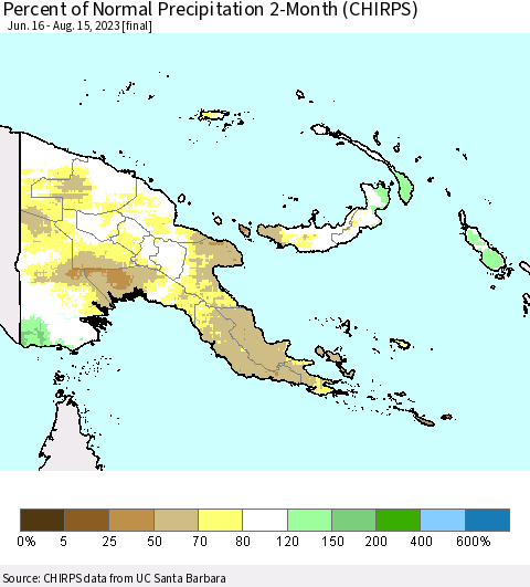 Papua New Guinea Percent of Normal Precipitation 2-Month (CHIRPS) Thematic Map For 6/16/2023 - 8/15/2023
