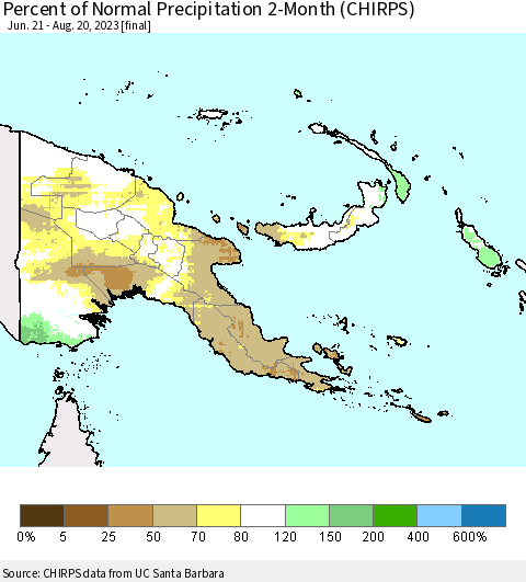 Papua New Guinea Percent of Normal Precipitation 2-Month (CHIRPS) Thematic Map For 6/21/2023 - 8/20/2023