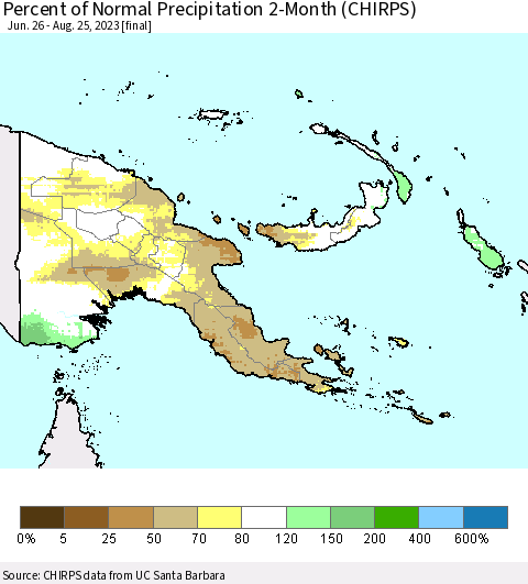 Papua New Guinea Percent of Normal Precipitation 2-Month (CHIRPS) Thematic Map For 6/26/2023 - 8/25/2023