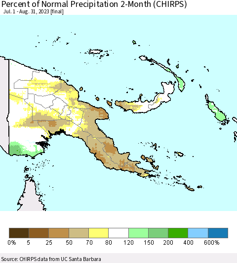 Papua New Guinea Percent of Normal Precipitation 2-Month (CHIRPS) Thematic Map For 7/1/2023 - 8/31/2023