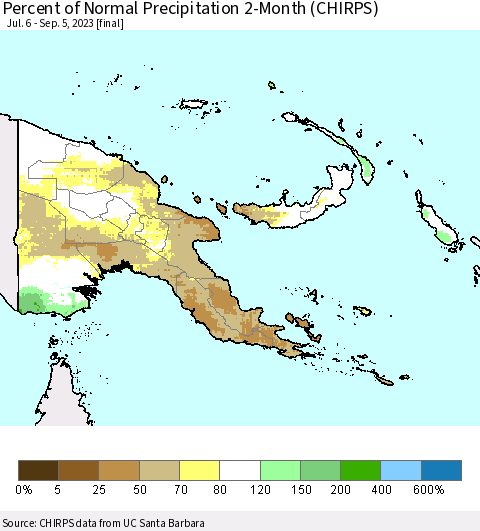 Papua New Guinea Percent of Normal Precipitation 2-Month (CHIRPS) Thematic Map For 7/6/2023 - 9/5/2023