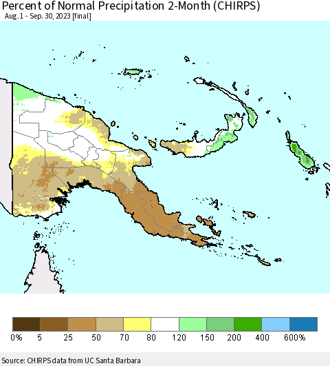Papua New Guinea Percent of Normal Precipitation 2-Month (CHIRPS) Thematic Map For 8/1/2023 - 9/30/2023