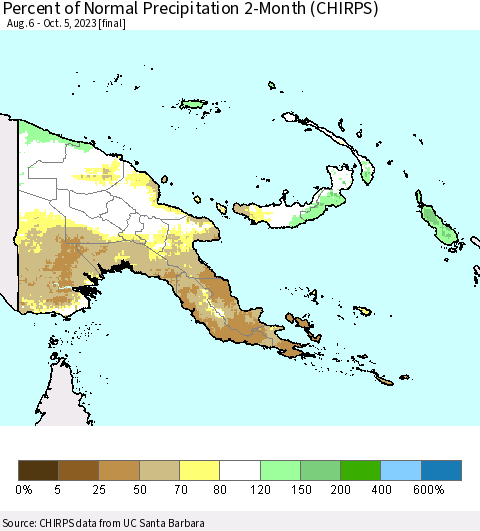 Papua New Guinea Percent of Normal Precipitation 2-Month (CHIRPS) Thematic Map For 8/6/2023 - 10/5/2023