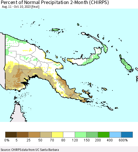 Papua New Guinea Percent of Normal Precipitation 2-Month (CHIRPS) Thematic Map For 8/11/2023 - 10/10/2023