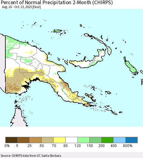 Papua New Guinea Percent of Normal Precipitation 2-Month (CHIRPS) Thematic Map For 8/16/2023 - 10/15/2023