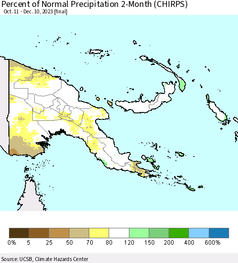 Papua New Guinea Percent of Normal Precipitation 2-Month (CHIRPS) Thematic Map For 10/11/2023 - 12/10/2023