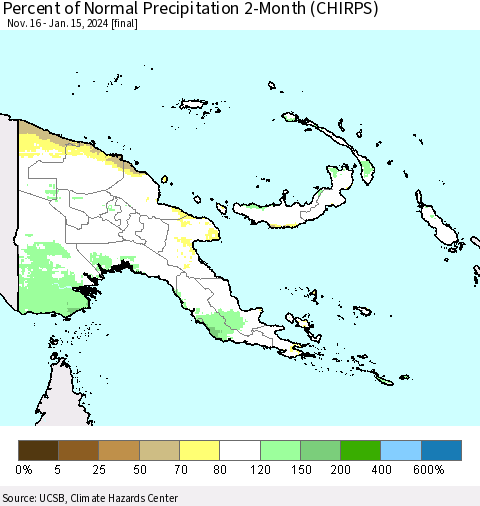 Papua New Guinea Percent of Normal Precipitation 2-Month (CHIRPS) Thematic Map For 11/16/2023 - 1/15/2024