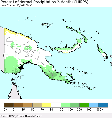 Papua New Guinea Percent of Normal Precipitation 2-Month (CHIRPS) Thematic Map For 11/21/2023 - 1/20/2024