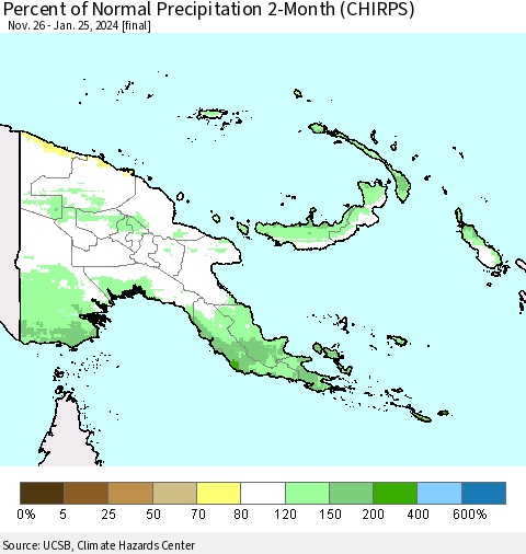 Papua New Guinea Percent of Normal Precipitation 2-Month (CHIRPS) Thematic Map For 11/26/2023 - 1/25/2024