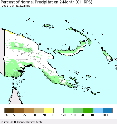 Papua New Guinea Percent of Normal Precipitation 2-Month (CHIRPS) Thematic Map For 12/1/2023 - 1/31/2024
