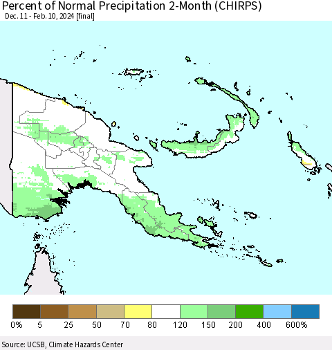 Papua New Guinea Percent of Normal Precipitation 2-Month (CHIRPS) Thematic Map For 12/11/2023 - 2/10/2024