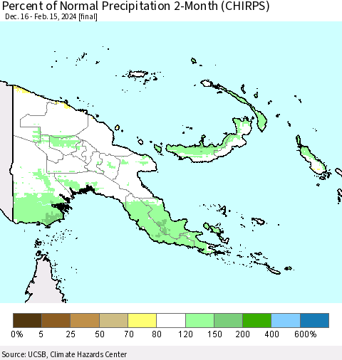 Papua New Guinea Percent of Normal Precipitation 2-Month (CHIRPS) Thematic Map For 12/16/2023 - 2/15/2024