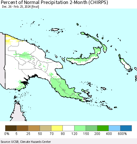 Papua New Guinea Percent of Normal Precipitation 2-Month (CHIRPS) Thematic Map For 12/26/2023 - 2/25/2024