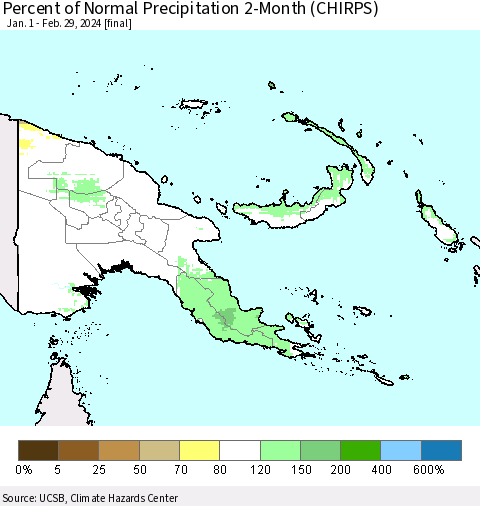 Papua New Guinea Percent of Normal Precipitation 2-Month (CHIRPS) Thematic Map For 1/1/2024 - 2/29/2024
