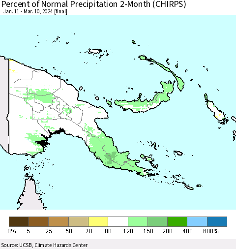 Papua New Guinea Percent of Normal Precipitation 2-Month (CHIRPS) Thematic Map For 1/11/2024 - 3/10/2024