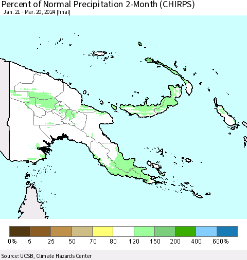 Papua New Guinea Percent of Normal Precipitation 2-Month (CHIRPS) Thematic Map For 1/21/2024 - 3/20/2024