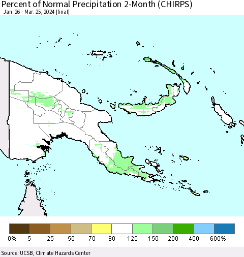Papua New Guinea Percent of Normal Precipitation 2-Month (CHIRPS) Thematic Map For 1/26/2024 - 3/25/2024