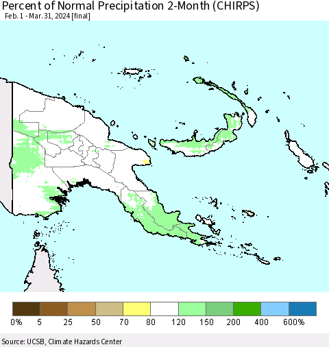 Papua New Guinea Percent of Normal Precipitation 2-Month (CHIRPS) Thematic Map For 2/1/2024 - 3/31/2024