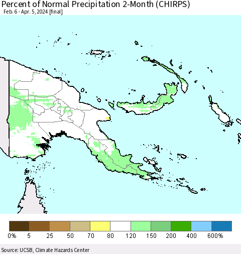 Papua New Guinea Percent of Normal Precipitation 2-Month (CHIRPS) Thematic Map For 2/6/2024 - 4/5/2024