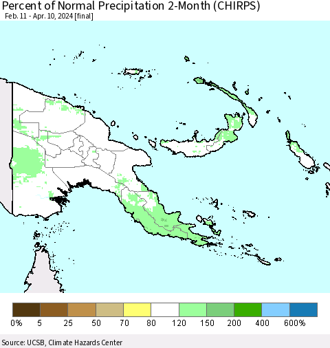 Papua New Guinea Percent of Normal Precipitation 2-Month (CHIRPS) Thematic Map For 2/11/2024 - 4/10/2024