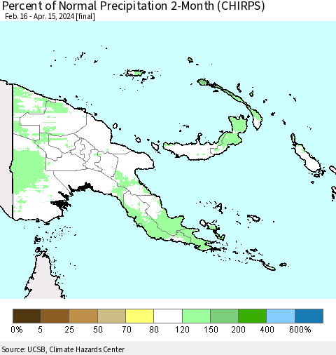 Papua New Guinea Percent of Normal Precipitation 2-Month (CHIRPS) Thematic Map For 2/16/2024 - 4/15/2024