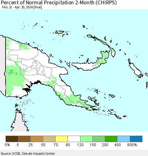 Papua New Guinea Percent of Normal Precipitation 2-Month (CHIRPS) Thematic Map For 2/21/2024 - 4/20/2024