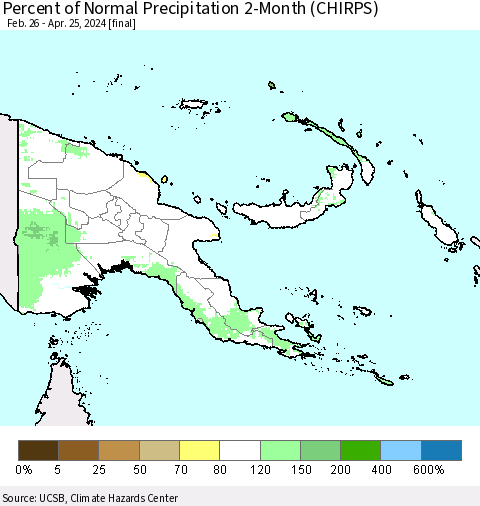 Papua New Guinea Percent of Normal Precipitation 2-Month (CHIRPS) Thematic Map For 2/26/2024 - 4/25/2024