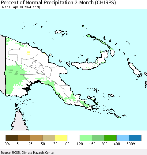 Papua New Guinea Percent of Normal Precipitation 2-Month (CHIRPS) Thematic Map For 3/1/2024 - 4/30/2024