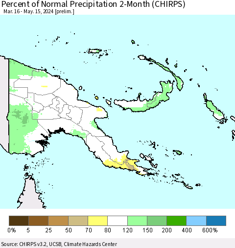 Papua New Guinea Percent of Normal Precipitation 2-Month (CHIRPS) Thematic Map For 3/16/2024 - 5/15/2024