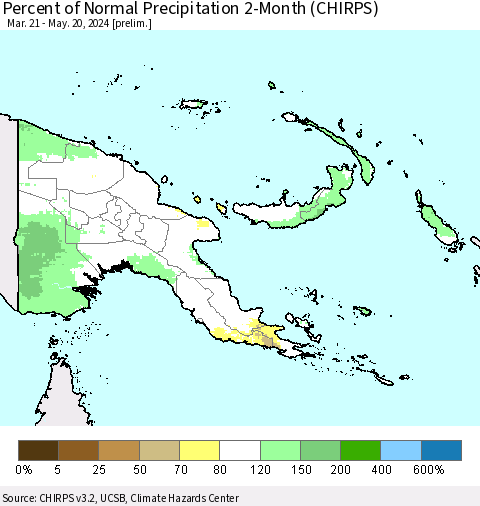 Papua New Guinea Percent of Normal Precipitation 2-Month (CHIRPS) Thematic Map For 3/21/2024 - 5/20/2024