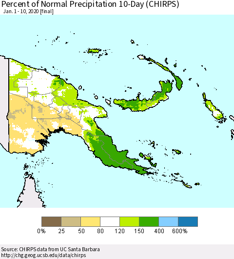Papua New Guinea Percent of Normal Precipitation 10-Day (CHIRPS) Thematic Map For 1/1/2020 - 1/10/2020