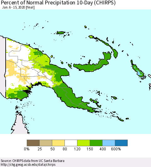 Papua New Guinea Percent of Normal Precipitation 10-Day (CHIRPS) Thematic Map For 1/6/2020 - 1/15/2020