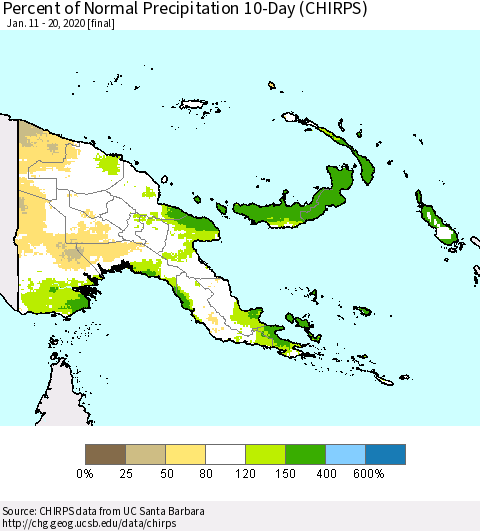 Papua New Guinea Percent of Normal Precipitation 10-Day (CHIRPS) Thematic Map For 1/11/2020 - 1/20/2020