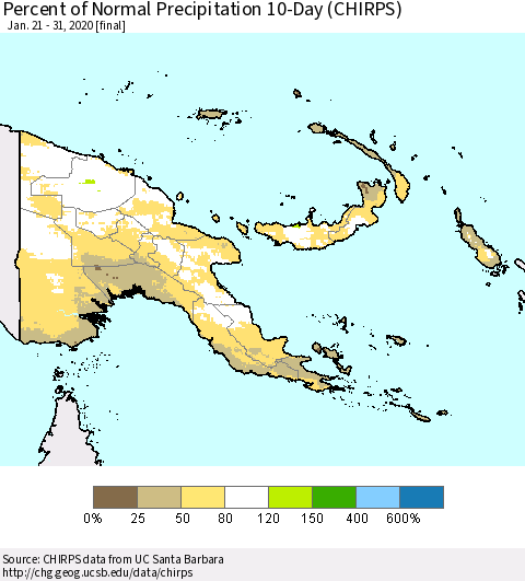 Papua New Guinea Percent of Normal Precipitation 10-Day (CHIRPS) Thematic Map For 1/21/2020 - 1/31/2020