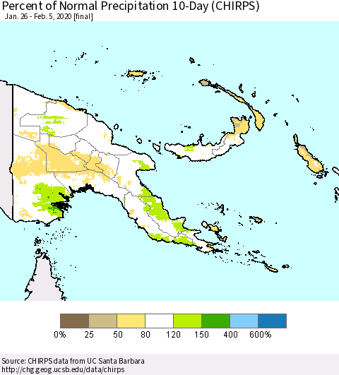 Papua New Guinea Percent of Normal Precipitation 10-Day (CHIRPS) Thematic Map For 1/26/2020 - 2/5/2020