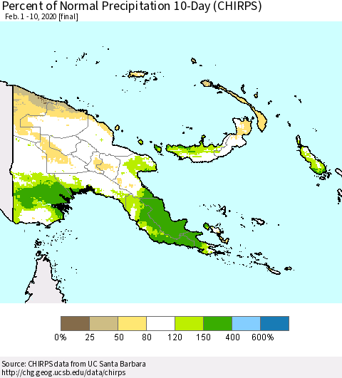 Papua New Guinea Percent of Normal Precipitation 10-Day (CHIRPS) Thematic Map For 2/1/2020 - 2/10/2020