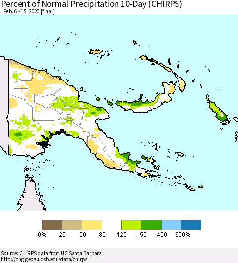 Papua New Guinea Percent of Normal Precipitation 10-Day (CHIRPS) Thematic Map For 2/6/2020 - 2/15/2020
