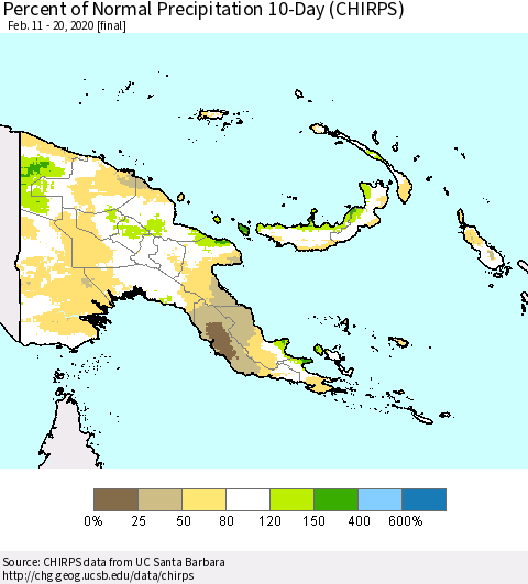 Papua New Guinea Percent of Normal Precipitation 10-Day (CHIRPS) Thematic Map For 2/11/2020 - 2/20/2020