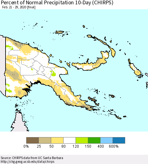 Papua New Guinea Percent of Normal Precipitation 10-Day (CHIRPS) Thematic Map For 2/21/2020 - 2/29/2020