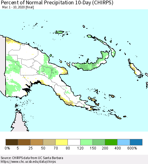 Papua New Guinea Percent of Normal Precipitation 10-Day (CHIRPS) Thematic Map For 3/1/2020 - 3/10/2020