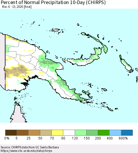 Papua New Guinea Percent of Normal Precipitation 10-Day (CHIRPS) Thematic Map For 3/6/2020 - 3/15/2020