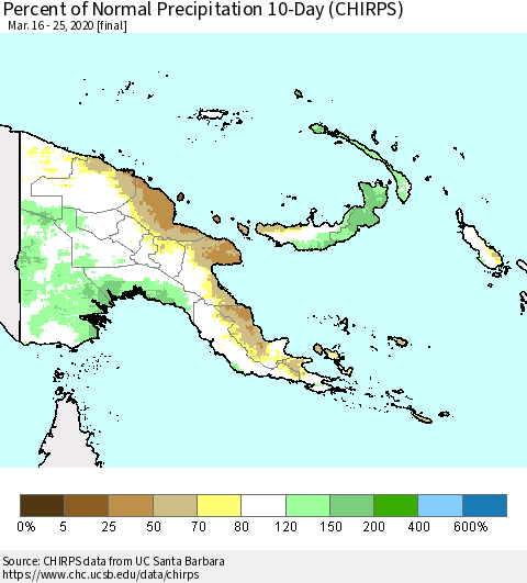 Papua New Guinea Percent of Normal Precipitation 10-Day (CHIRPS) Thematic Map For 3/16/2020 - 3/25/2020