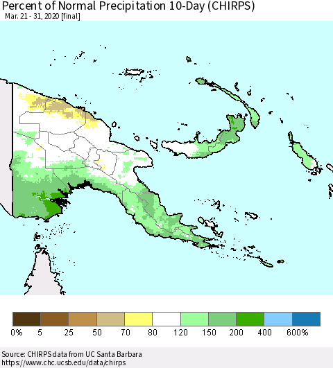 Papua New Guinea Percent of Normal Precipitation 10-Day (CHIRPS) Thematic Map For 3/21/2020 - 3/31/2020